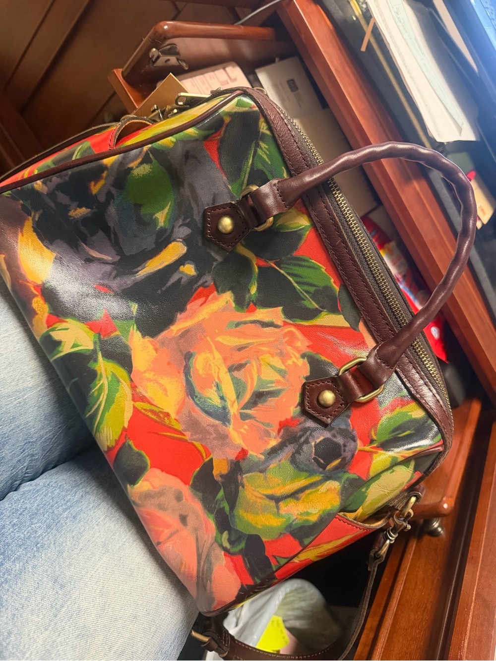 Patricia Nash Red Multicolor Floral Leather-Trim Tote